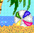 Pixelated ocean scene with sandy bottom, blue water, green seaweed, and three fish in yellow, purple, and pink hues.