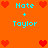 Pixelated orange background with cyan text "Hate + Taylor" and red heart symbols in a