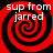 Four identical red and black spiral patterns with white text reading "sup from jarred" overlaid on each, arranged in a against a solid black background