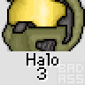 Animated contact sheet of Halo 3 buddy icon frames showing a green helmeted character with yellow visor and blue number 3 symbols transitioning from static to animated states.