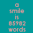 Four identical pixelated text display 'a smile is 85982 words' in light pink on solid backgrounds of teal, purple, magenta, and blue