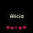 Pixelated yellow text 'Alicia' above pink and purple heart symbols on a black background, with two variations of the symbol arrangement.