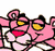 Pixelated pink cartoon character with yellow eyes and black outlines, featuring a heart-shaped mouth and stylized body parts on white background.