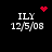 Four identical display 'ILY 12/5/08' text with a red heart above the top-left , a red starburst above the top-right, and a red dot cluster in the bottom-center