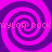 Pixelated spiral pattern with alternating magenta and dark purple rings, overlaid with repeating text in light pink.