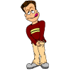 Animated sequence of a cartoon character in red sweater and beige pants performing actions including standing, raising middle finger, smiling, and disintegrating into particles.