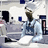 Pixelated image of a person in a light blue uniform with a white cap, seated at a counter with a cash register, surrounded by shelves and blue objects in the background.