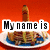 Animated sequence showing a stack of pancakes with syrup and a sausage on top, with changing text overlays against an orange background.