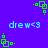 Pixelated green and blue icon with repeating 'drew<3' text on purple background, featuring animated green square patterns that shift position across frames.
