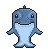 Pixel art of a standing dolphin with blue-gray body, light blue belly, and black eyes on gray background.