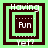 Four square display a pixelated animation with nested green and dark brown borders, white text reading 'Having Fun yet?', and dotted lines changing position across frames