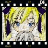 Pixelated anime-style character with blonde hair and blue eyes, hands near face in a filmstrip frame border.