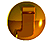 Animated sequence of a golden sphere with a brown rectangular structure rotating around its left side, showing different angles of the structure against a gray background.
