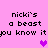 Pixelated text on pink background with purple hearts, repeating 'nicki's a beast pu know it' in two
