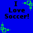 Blue background with black text reading "I Love Soccer!" and green pixelated square animations in four corners.