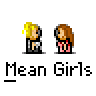 Animated contact sheet of 11 pixel art frames showing two female characters exchanging dialogue in a 'Mean Girls' themed buddy icon set with speech bubbles and changing expressions.