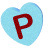 Light blue heart-shaped candy with red letter P, shown in multiple 3D orientations including front, side, and angled views.