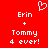 Red background with white pixelated text and a heart symbol above the names Erin and Tommy.