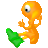 Pixelated orange figure with single large eye, one arm raised in gesture, one leg extended toward green leaf-like shape on gray background.