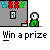 Pixelated animation shows a green-shirted figure interacting with a gray booth, red and green icons above, and 'Win a prize' text below.