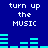Blue background with white text "turn up the MUSIC" repeated in two above cyan audio equalizer bars that change height across frames
