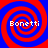 Four identical red and blue spiral patterns arranged in a , each containing the text 'Bonetti' in white pixelated font