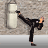 Animated contact sheet showing six sequential frames of a martial artist performing kicks in front of punching bags, displayed on a gray background with visible pixelation and dithering effects.
