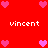 Red background with pink heart icons and white text reading "vincent" in four positions.