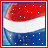 Red, white, and blue striped circular icon with scattered white dots on a light blue background.
