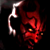 A pixelated red and white figure with glowing eyes against a black background, featuring a curved white appendage on the left side.
