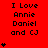 Red background with repeated text "I Love Annie Daniel and CJ" and varying numbers of black heart symbols below each text block.