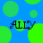 Blue background with green circles and four instances of the text 'ALLY' in black pixelated font.