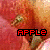 Pixelated image with red and brown tones showing a partial face, hand holding an apple, and bold red text reading 'APPLE' in blocky font.