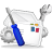 Pixelated icon shows white device with blue screwdriver, four colored squares, and gray tools on gray background.