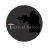 Circular dark gray icon with pixelated black silhouette of a person holding an object, partially obscured text elements in light brown and white.