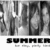 Black-and-white photo of multiple people with blue text overlays reading 'SUMMER '08' and 'LIVE EASY PARTY HARD' in different frames.