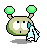 Pixelated character with green antennae and light blue tears, showing two sequential expressions on gray background.