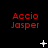 Red text reading "Accio Jasper" on a black background with white star-like symbols changing position across frames.
