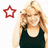 A pixelated image of a person with long blonde hair wearing a dark tank top, positioned between two star icons.