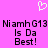 Pixelated pink background with white heart symbol above text reading "NiamhG13 Is Da Best!" repeated twice in black blocky font.