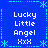 Blue background with cyan dotted lines and star shapes forming a border, displaying four identical text blocks reading "Lucky Little Angel HxH" in white pixelated font.