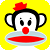 Pixelated cartoon monkey face with red nose and bow on yellow background, static single-frame icon.
