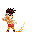 Pixelated character with brown hair and red shorts performs a sequence of actions with orange-yellow flame effects against gray background.