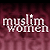 Pixelated text reading 'muslim women' in white lowercase letters on a maroon background with subtle vertical stripes.
