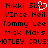 Red background with black pixelated text arranged in five , featuring names like Nikki Sixx, Vince Neil, Tommy Lee, Mick Mars, and Motley Crue with a white heart symbol over the 'Sixx' text