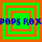 Four green squares with orange borders arranged in a , each containing nested square outlines and overlaid blue text reading "POPS ROX"
