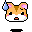 Pixel art hamster head with orange-brown fur, white cheeks, pink inner ears, black eyes, and a small red mouth on gray background.