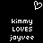 Pixelated white text and heart symbol on black background, two identical side-by-side text blocks with 'kimmy', 'LOVES', 'joyvee' and a heart above.