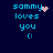 Pixelated text 'sammy loves you :(' in cyan on dark blue background with animated heart and sparkle effects.