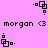 Pixel art icon with pink background showing black square-based shapes and text 'morgan <3' in two , animated between static and moving states